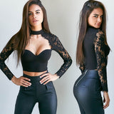 Women Sexy Lace Patchwork Tops Long Sleeve Push Up Padded Bra Sexy