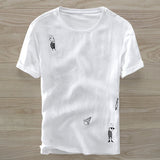 white cartoon embroidery linen short-sleeved men T-shirt round neck