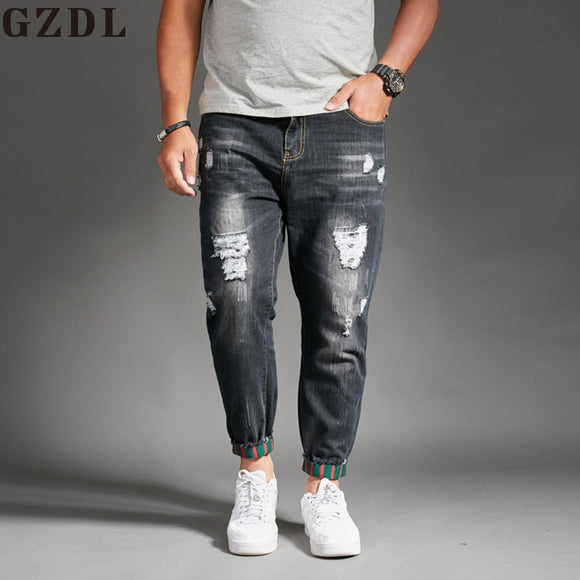 Men's thin section hole jeans stretch slim jeans casual harlan pants
