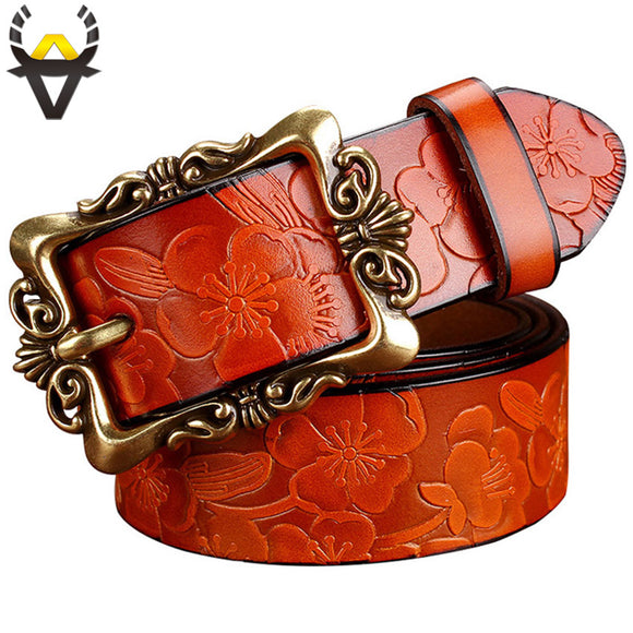 Fashion Wide Genuine leather belts for women Vintage Floral Pin buckle