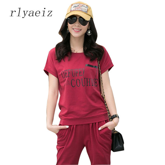 RLYAEIZ Printed Letter 2 Piece Set Women T-shirts+Calf-length Pants