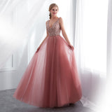 Beading Prom Dresses V neck Pink High A-line Lace Backless Vestido De