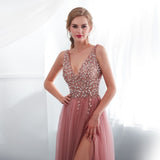 Beading Prom Dresses V neck Pink High A-line Lace Backless Vestido De