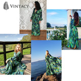 Vintacy Long Sleeve Dress Green Tropical Beach Vintage Maxi