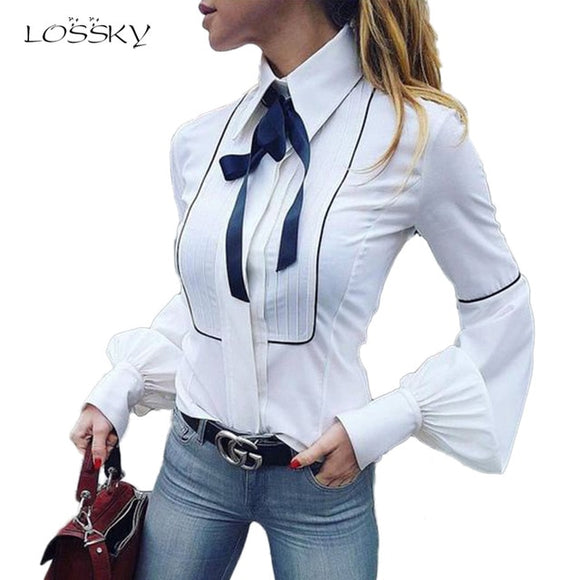Office Bow Tie Blouse Women Lantern Sleeve Casual Tops New Spring
