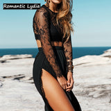 Women Suit Black Crop Top Skirts Beach Floral Lace Sexy Tops & Long