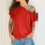 Women Skew Neck Irregular Cross Blouse Summer Shirt Hollow Plus Size