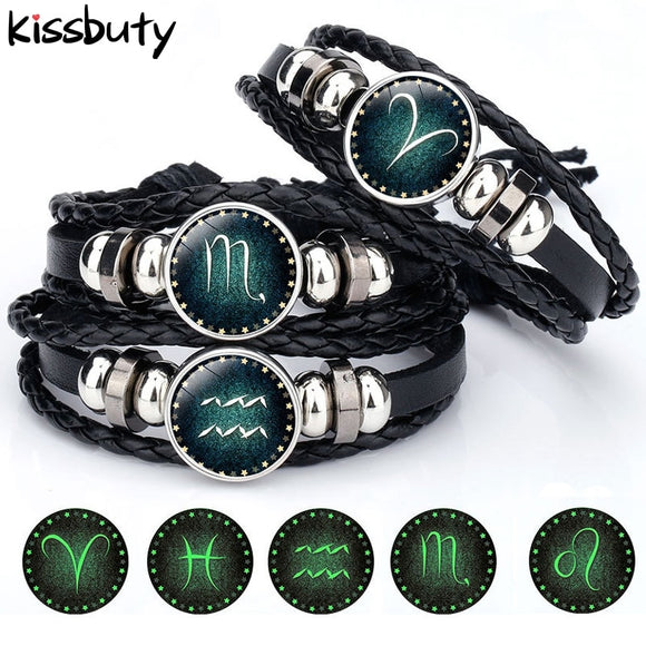 New 12 Constellation Luminous Leather Bracelet