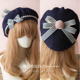 Berets Wool Blend Hat Women Bow Plaids Stripe Sailor Style Preppy Chic College Students Cap