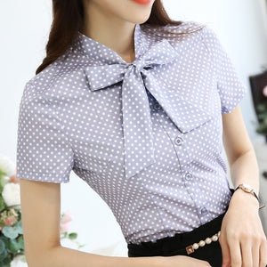 Summer fashion office lady shirt women blouse short sleeve bow neck