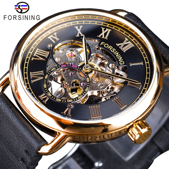 Forsining Black Golden Skeleton Mens Mechanical Wristwatches