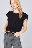 Ruffle Sleeve Dot Print Woven Top w/ Front Tie