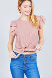 Ruffle Sleeve Dot Print Woven Top w/ Front Tie