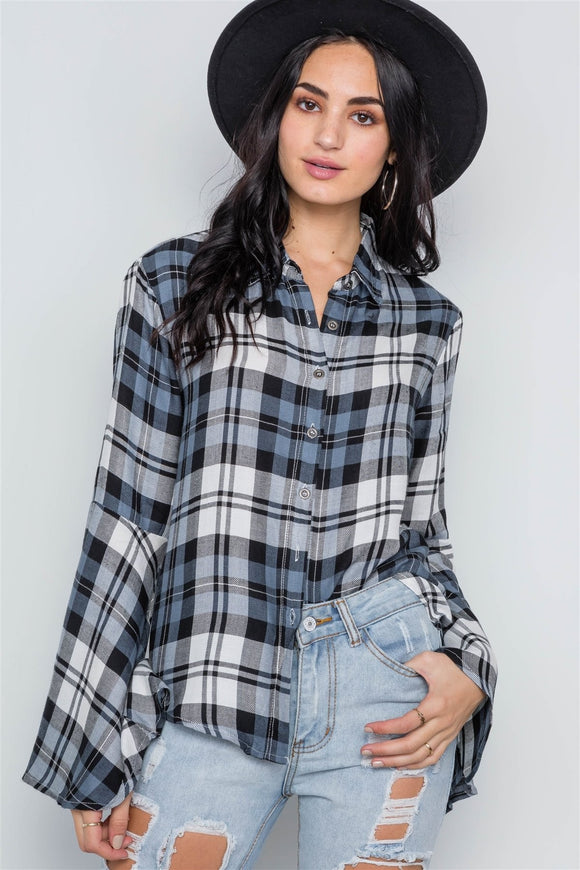 Plaid Button Down Bell Sleeve Top - Blue