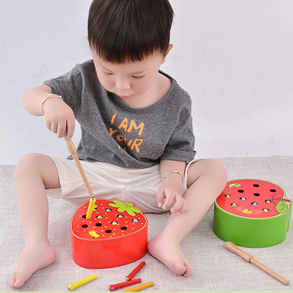 3D Puzzle Baby Wooden Toys Catch Worm Game Color Cognitive Strawberry Grasping