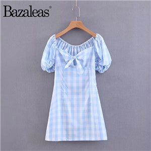 Bazaleas Vintage Tartan Blue Sleeves Women Dress mini vestidos Casual
