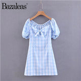 Bazaleas Vintage Tartan Blue Sleeves Women Dress mini vestidos Casual