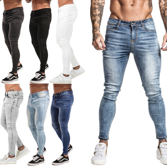 Mens Super Skinny Jeans Non Ripped Stretch Pants Elastic Waist