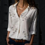Women Tops Elegant Long Sleeve Print V-Neck Chiffon Shirts Plus Size