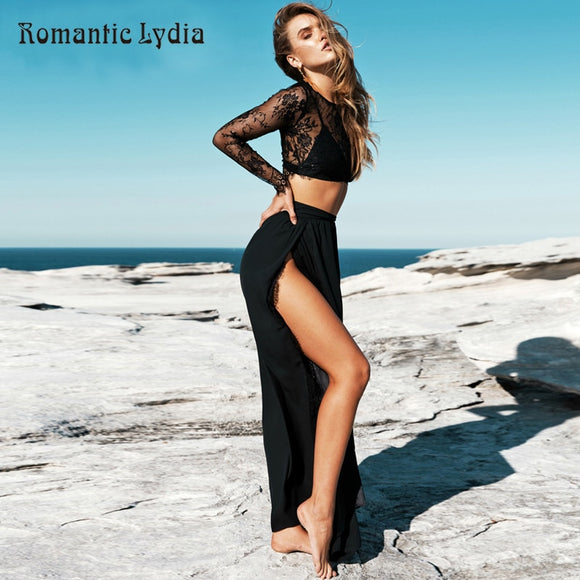 Women Suit Black Crop Top Skirts Beach Floral Lace Sexy Tops & Long