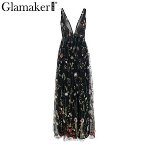 Mesh vintage floral embroidery maxi dress Women backless beach