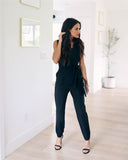 Fashion Lace Women Jumpsuit With Belt Sleeveless Solid Black Jumpsuits