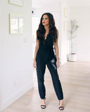 Fashion Lace Women Jumpsuit With Belt Sleeveless Solid Black Jumpsuits