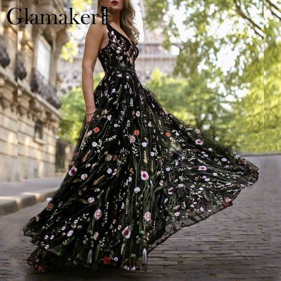 Mesh vintage floral embroidery maxi dress Women backless beach