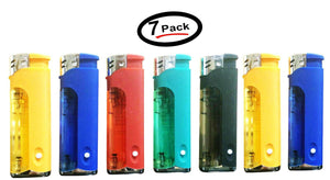 (7 Pack) 5-Flags Refillable Butane Flame AST Lighter (Colored LED Flashlight)