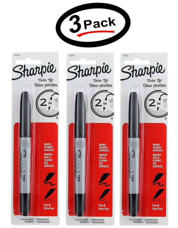 (3 Pack) Sharpie Twin Tip Permanent Black Marker, Fine & Ultra Fine Point 2 in 1