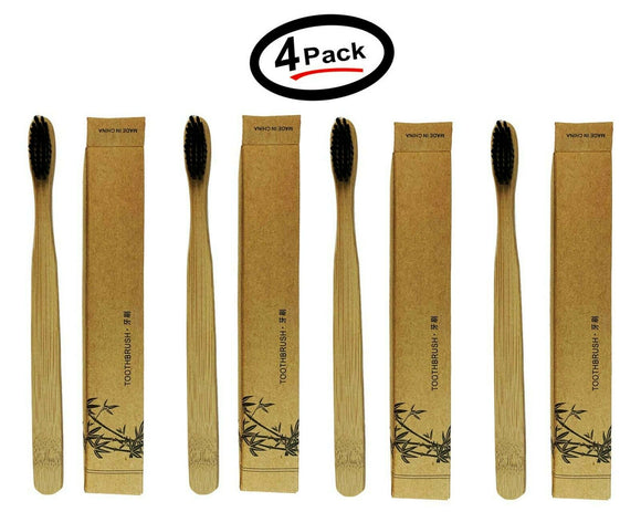 (4 Pack) Charcoal Bamboo Toothbrush Adult Organic Wooden Natural Biodegradable