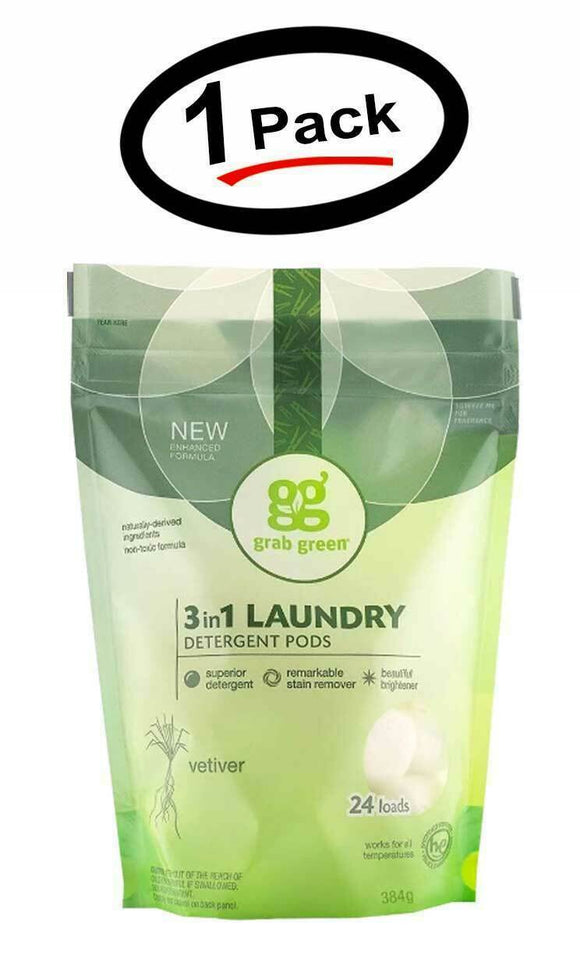 (1 Pack) Grab Green 3-in-1 Laundry Detergent Vetiver Pre-Measured Pods 24 Loads