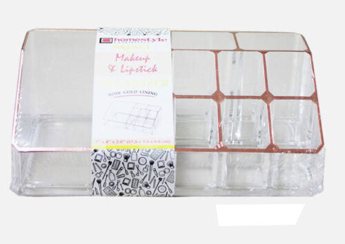 9 Compartment Makeup and Lipstick Crystal Clear Organizer With Rose Gold Lining